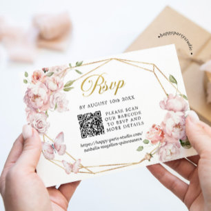 Elegant Gold Pink Floral Mis Quince Años QR RSVP Card