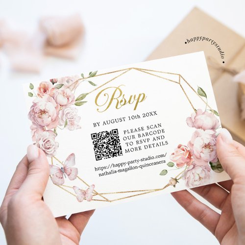 Elegant Gold Pink Floral Mis Quince Aos QR RSVP Card