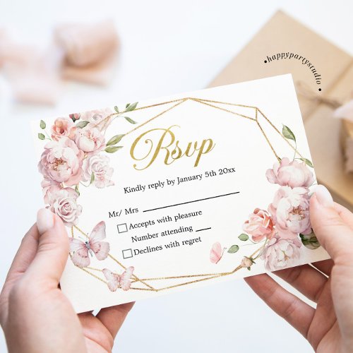 Elegant Gold Pink Floral Mis Quince Aos Reply RSVP Card