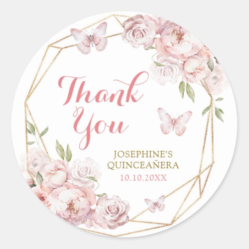 Elegant Gold Pink Floral Mis Quince Classic Round Sticker