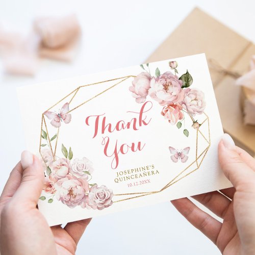 Elegant Gold Pink Floral Mis Quince Thank You Card