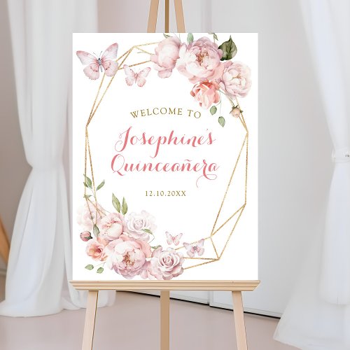 Elegant Gold Pink Floral Mis Quince Welcome Sign