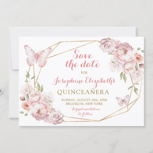 Elegant Gold Pink Floral Mis XV Aos Save The Date Invitation