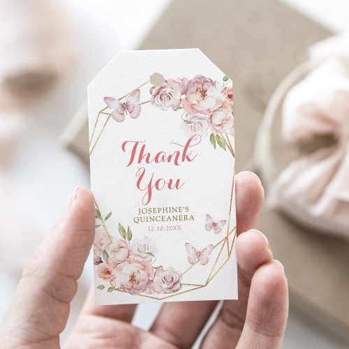 Elegant Gold Pink Floral Mis XV Aos Thank You Gift Tags