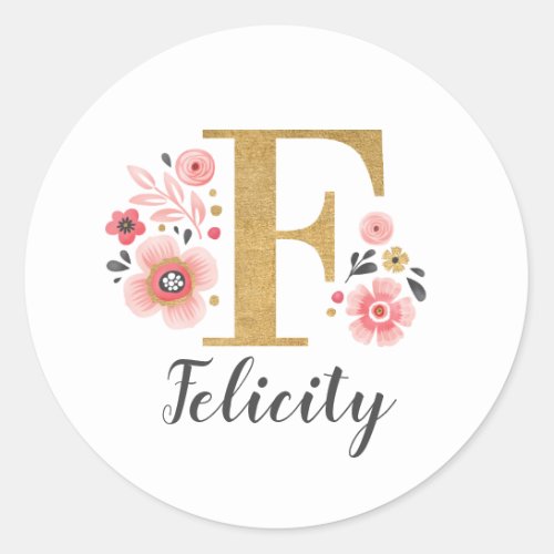 Elegant Gold Pink Floral Monogram Initial Letter F Classic Round Sticker