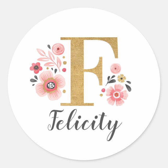 Elegant Gold Pink Floral Monogram Initial Letter F Classic Round Sticker (Front)