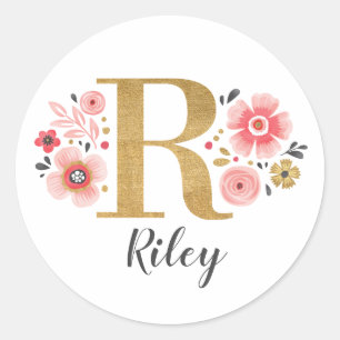 Elegant Gold Pink Floral Monogram Initial Letter R Classic Round Sticker