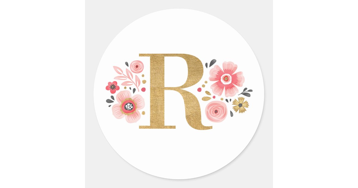 Elegant Pink Floral Monogram Initial Gold Letter M Classic Round Sticker