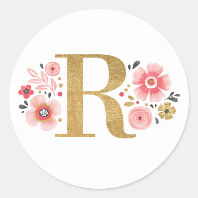 Pink R Monogram Elegant Gold Pink Floral Monogram Initial Letter R Classic Round ...