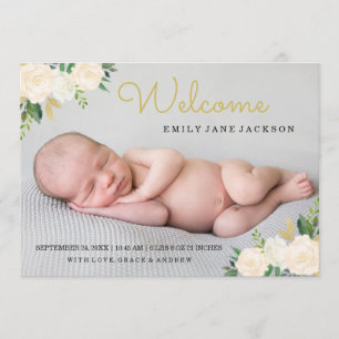 Elegant Gold Pink Floral Photo Birth Announcement
