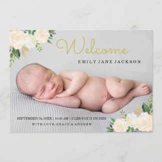 Elegant Gold Pink Floral Photo Birth Announcement