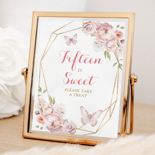 Elegant Gold Pink Floral Quince Fifteen is Sweet Poster