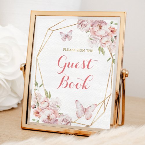Elegant Gold Pink Floral Quinceaera Guest Book