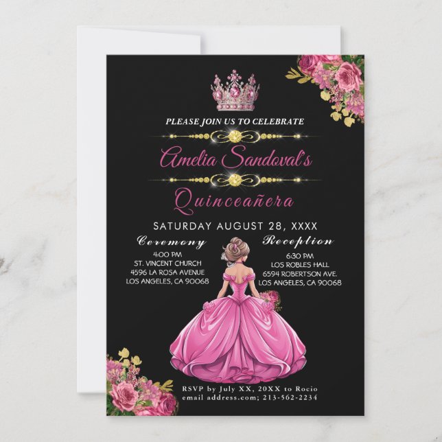 Elegant Gold Pink Floral Quinceanera Invitation (Front)