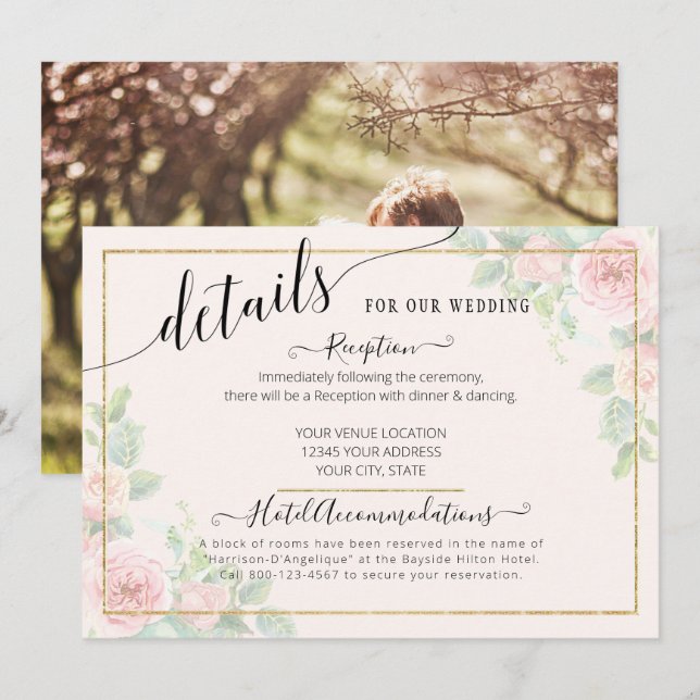 Elegant Gold Pink Floral Script Wedding Details Invitation (Front/Back)
