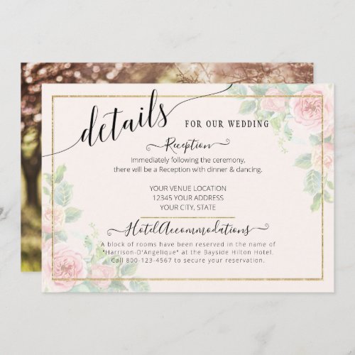 Elegant Gold Pink Floral Script Wedding Details Invitation