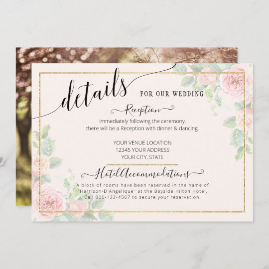 Elegant Gold Pink Floral Script Wedding Details Invitation | Zazzle.com