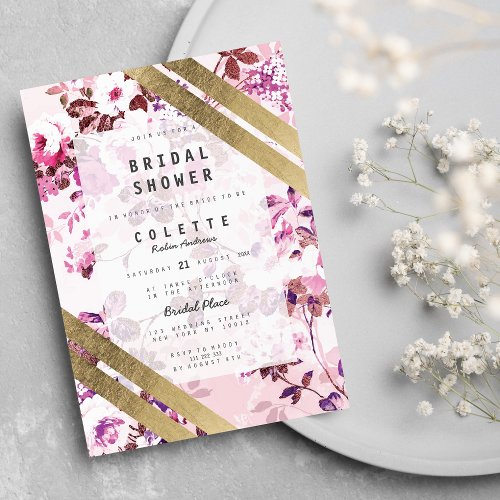 Elegant Gold Pink Floral Striped Bridal Shower Invitation