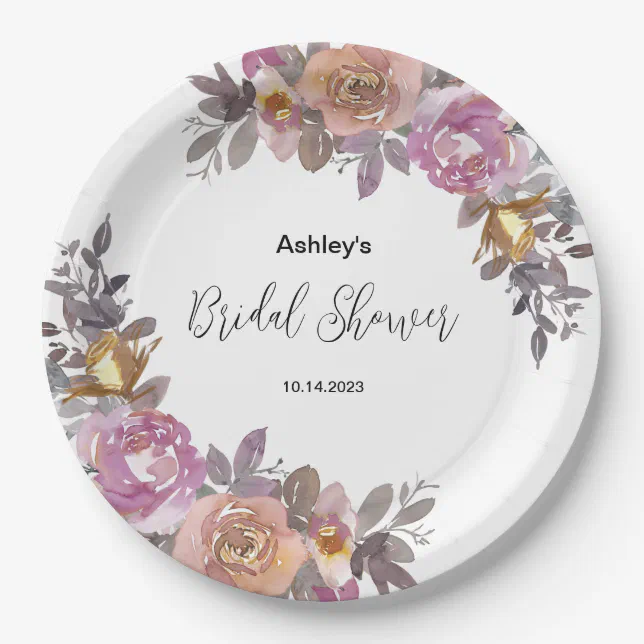 Elegant Gold Pink Floral Watercolor Bridal Shower Paper Plates | Zazzle