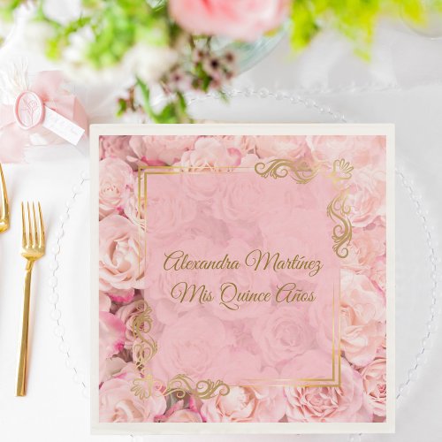 Elegant Gold Pink Flowers Quincea&#241;era Napkins