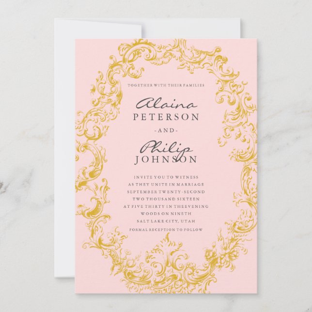 Elegant Gold & Pink Frame Wedding Invitation (Front)