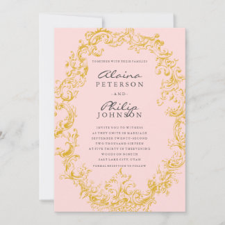 Elegant Gold & Pink Frame Wedding Invitation