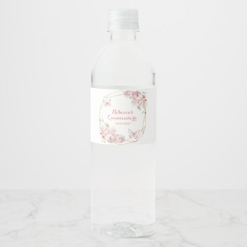 Elegant Gold Pink Geometric Floral Mis Quince Water Bottle Label