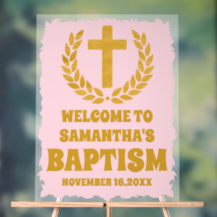 Elegant Gold Pink Girl  Baptism Welcome Frosted Acrylic Sign