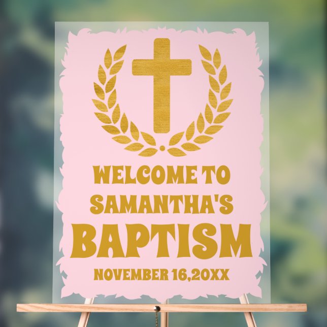 Elegant Gold Pink Girl  Baptism Welcome Frosted Acrylic Sign (Neutral)