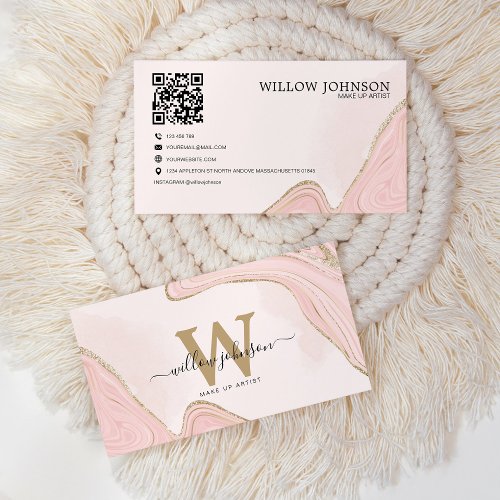 Elegant Gold Pink Glitter QR Code Modern Monogram Business Card