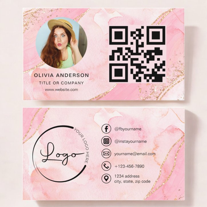 Elegant Gold Pink Glitter QR Code Modern Photo Business Card