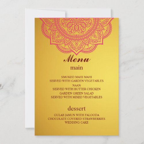Elegant Gold Pink Indian Hindu Wedding menu Invitation