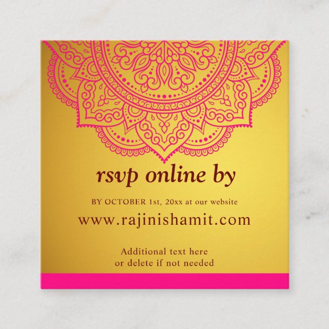 Elegant Gold Pink Mandala & Indian Wedding RSVP Enclosure Card (Front)