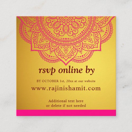 Elegant Gold Pink Mandala  Indian Wedding RSVP Enclosure Card