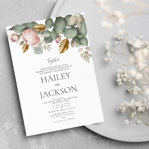 Elegant gold pink mint ivory peony floral wedding  invitation