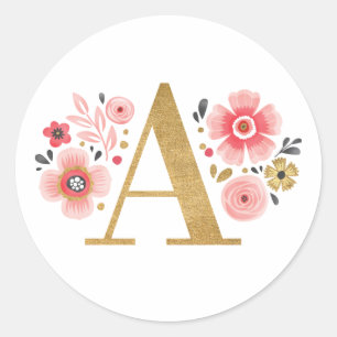 Elegant Gold Pink Monogram Floral Letter A Classic Classic Round Sticker