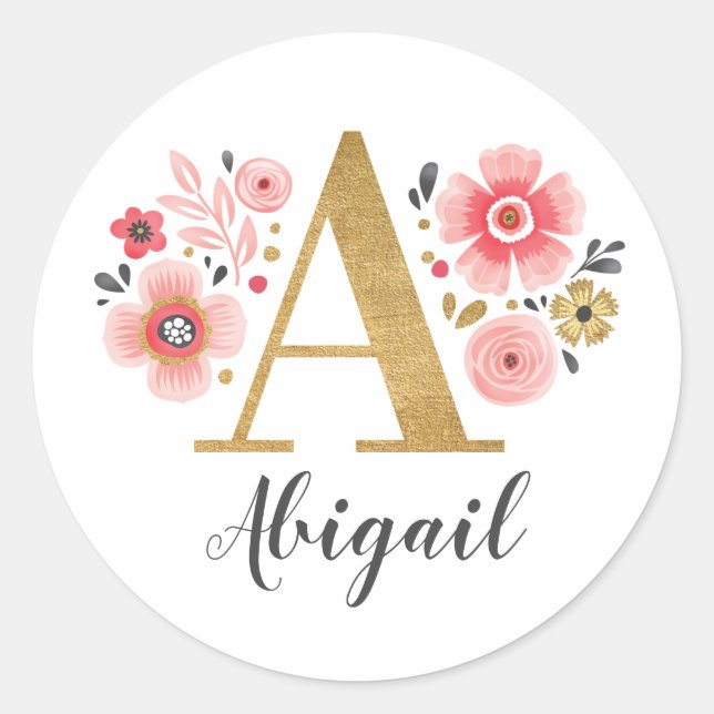 Elegant Gold Pink Monogram Floral Letter A Classic Round Sticker (Front)