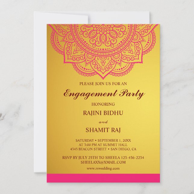Elegant Gold Pink Paisley Indian Engagement Party  Invitation (Front)