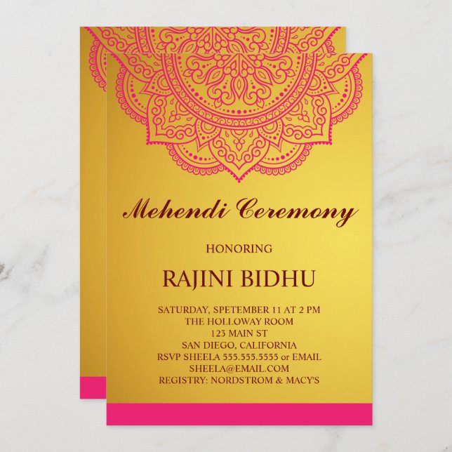 Elegant Gold Pink Paisley Indian Mehndi Ceremony Invitation (Front/Back)