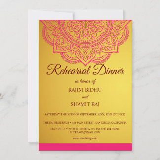 Elegant Gold Pink Paisley Indian Rehearsal Dinner Invitation