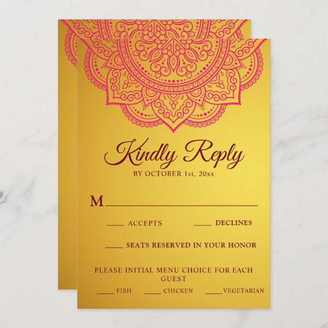Elegant Gold Pink paisley Indian Wedding RSVP (Front/Back)