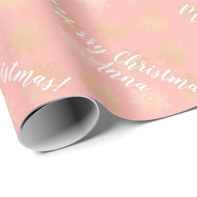 Elegant Gold & Pink Personalized Christmas Pattern Wrapping Paper (Roll Corner)
