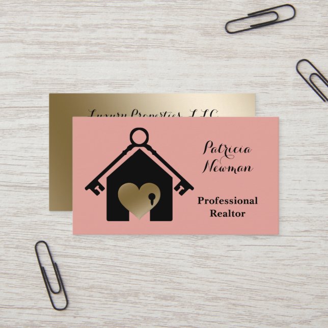 Elegant Gold Pink Realtor Business Card (Front/Back In Situ)