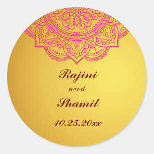 Elegant Gold Pink Red Indian Paisley Wedding  Clas Classic Round Sticker