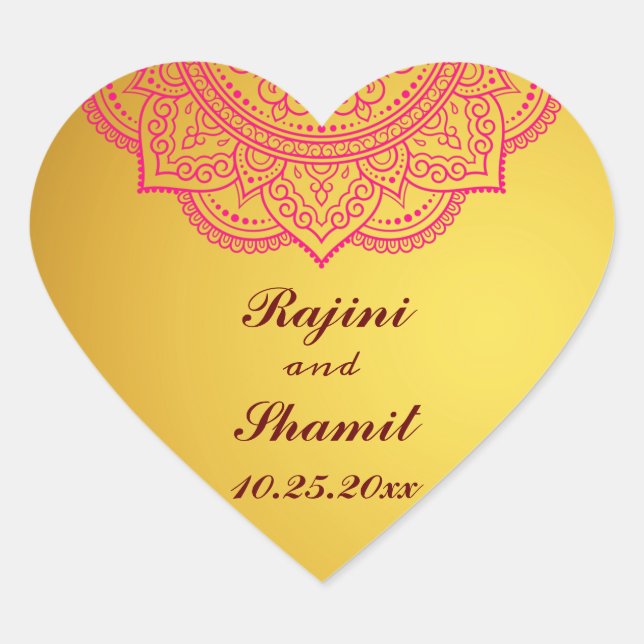 Elegant Gold Pink Red Indian Paisley Wedding Heart Sticker (Front)