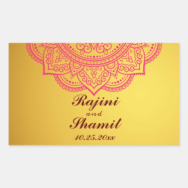 Elegant Gold Pink Red Indian Paisley Wedding Recta Rectangular Sticker (Front)