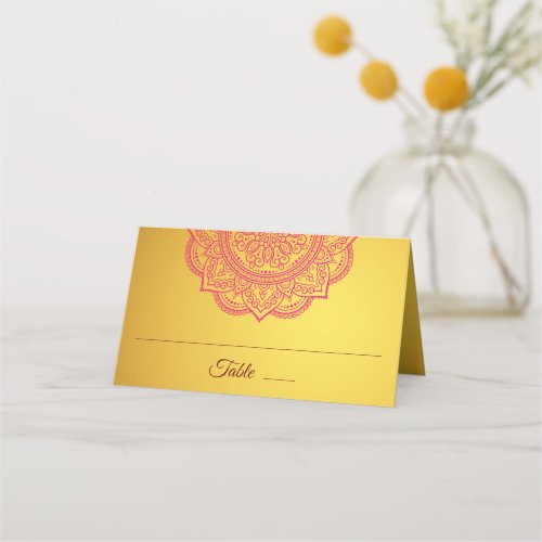 Elegant Gold Pink Red Paisley Indian Hindu Wedding Place Card
