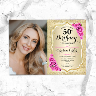 Elegant Gold Pink Roses Photo 50th Birthday Invitation