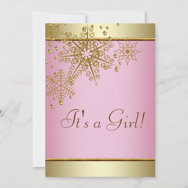 Elegant Gold Pink Snowflake Baby Girl Shower Invitation (Front)