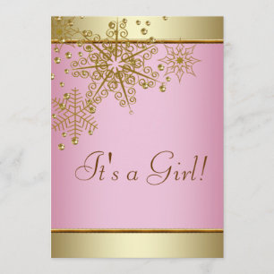 Elegant Gold Pink Snowflake Baby Girl Shower Invitation